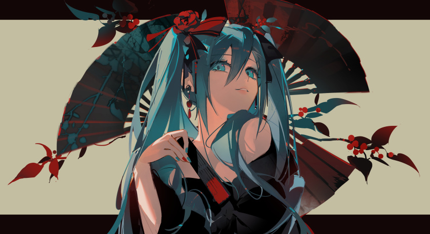 1girl absurdres aqua_eyes aqua_hair aqua_nails bare_shoulders black_kimono commentary earrings flower folding_fan hair_between_eyes hair_flower hair_ornament hair_over_shoulder hand_fan hand_up hatsune_miku highres holly japanese_clothes jewelry kimono letterboxed long_hair looking_at_viewer nyansky parted_lips smile solo twintails upper_body vocaloid wide_sleeves