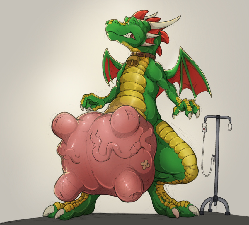anthro band-aid bandage collar collar_only dragon eyes_closed green_body green_skin growth hi_res iv_bag iv_line iv_pole male membrane_(anatomy) membranous_wings nude rangarig_rex scales solo teats tochka transformation udder_growth udders veiny_udders wings wrong_udders yellow_body yellow_scales