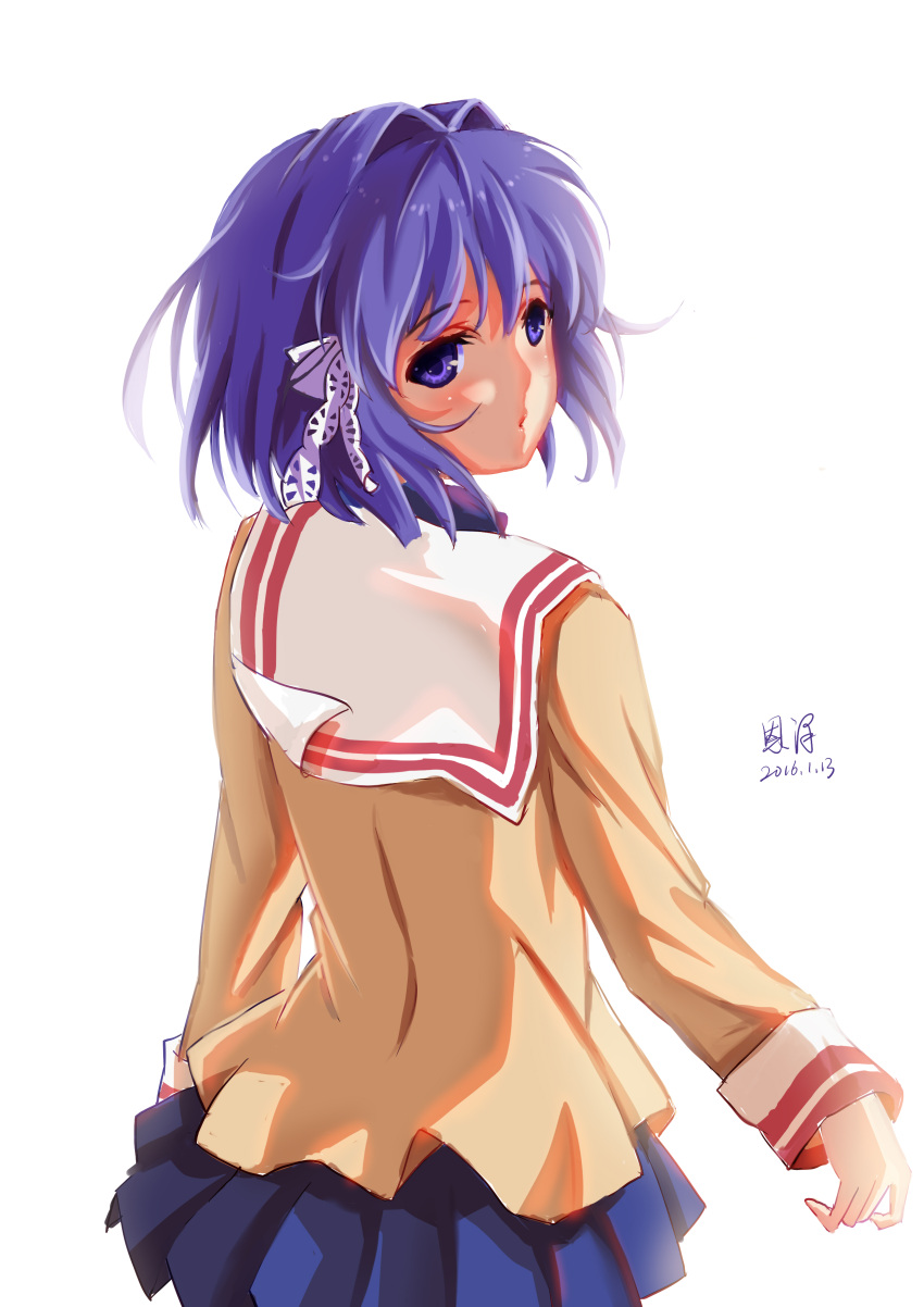 1girl 2016 absurdres arm_at_side blazer blue_skirt blush clannad commentary dated floating_hair from_behind fujibayashi_ryou hair_between_eyes hair_intakes hair_ribbon highres hikarizaka_private_high_school_uniform jacket long_sleeves looking_at_viewer looking_back miniskirt painttool_sai_(medium) parted_lips pleated_skirt purple_eyes purple_hair ribbon sailor_collar school_uniform short_hair simple_background skirt solo standing tress_ribbon upper_body white_background white_ribbon white_sailor_collar xiaobanbei_milk yellow_jacket