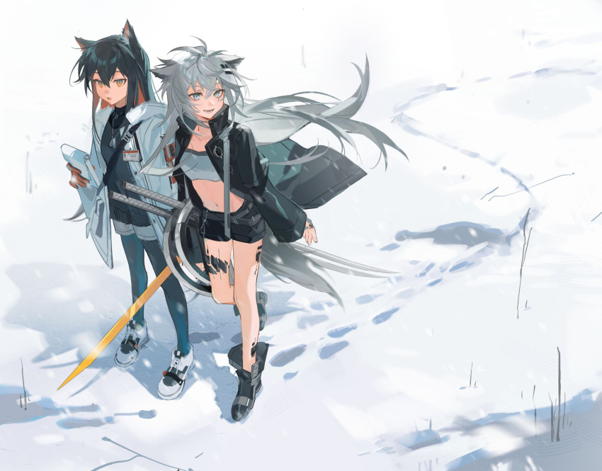 2girls animal_ears arknights bandeau black_footwear black_hair black_jacket black_shirt black_shorts blue_pantyhose coat colored_inner_hair footprints frown full_body gloves grey_bandeau grey_eyes grey_hair highres holding holding_sword holding_weapon id_card jacket lappland_(arknights) looking_at_viewer looking_to_the_side multicolored_hair multiple_girls multiple_swords navel orange_eyes oripathy_lesion_(arknights) outdoors pantyhose pantyhose_under_shorts parted_lips pinenut_sn red_gloves red_hair scar scar_across_eye shirt shorts smile snow stomach sword texas_(arknights) texas_(winter_messenger)_(arknights) walking weapon white_coat white_footwear white_shorts wolf_ears