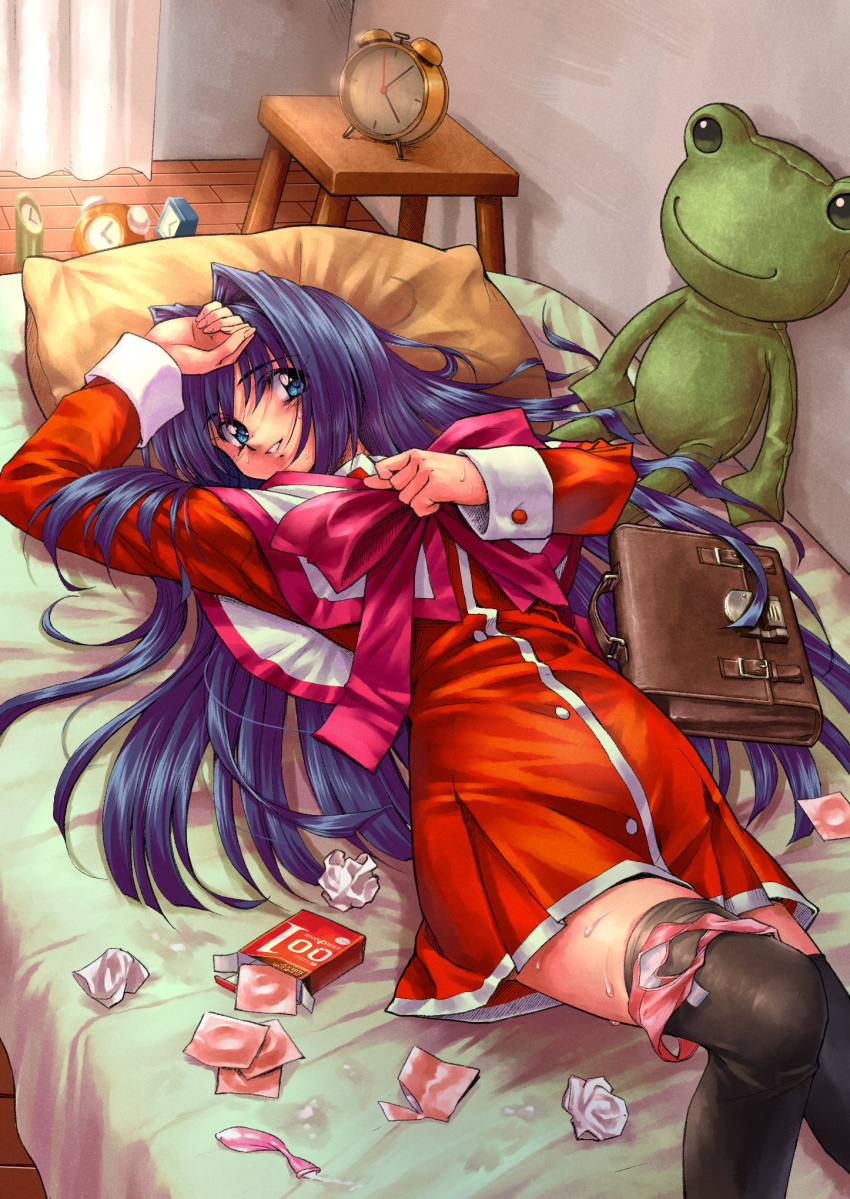 1girl after_sex black_thighhighs blue_eyes blue_hair bow bowtie condom dress frog highres kanon keropii long_hair longmei_er_de_tuzi lying minase_nayuki on_back open_wrapper pink_bow pink_bowtie red_dress smile solo stuffed_animal stuffed_toy sweat thighhighs thighs used_condom used_tissue very_long_hair