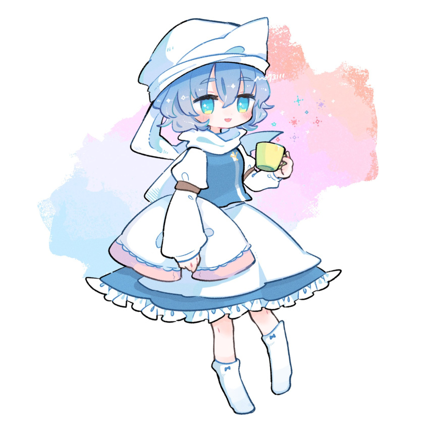 1girl blue_eyes blue_hair blue_skirt blue_vest blush cup frilled_skirt frills full_body hair_between_eyes hat highres holding holding_cup letty_whiterock long_sleeves m_(m073111) open_mouth shirt short_hair signature skirt sleeve_garter smile socks solo touhou twitter_username vest white_headwear white_shirt white_socks