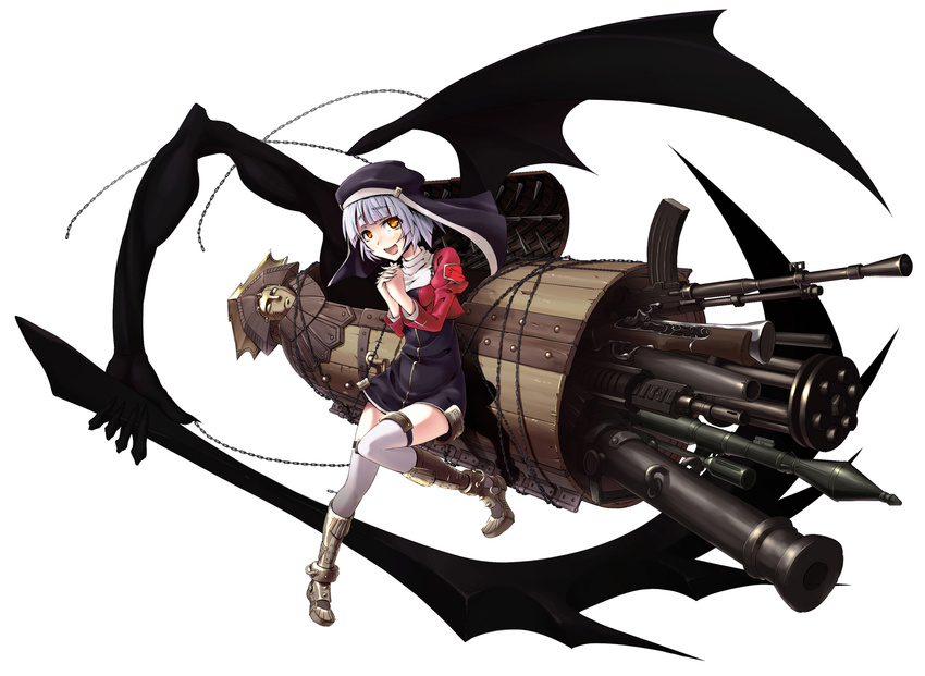 blue_hair boots chain dress gatling_gun gun habit hands_clasped highres higurashi_aki iron_maiden machine_gun minigun original own_hands_together rocket_launcher scythe simple_background solo thighhighs weapon white_background white_legwear wings