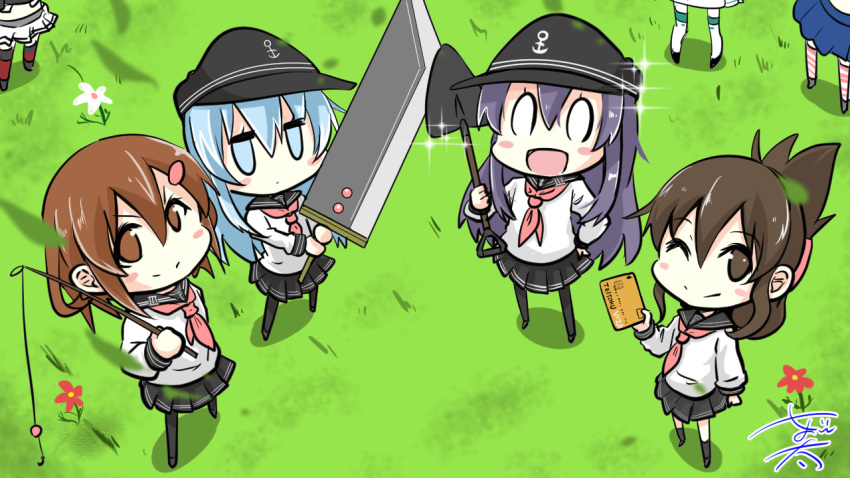 0_0 4girls 6+girls akatsuki_(kancolle) black_headwear black_pantyhose black_sailor_collar black_skirt blue_eyes blue_hair brown_eyes brown_hair card fishing_rod flat_cap flower gambier_bay_(kancolle) hat hibiki_(kancolle) ikazuchi_(kancolle) inazuma_(kancolle) kantai_collection light_blue_hair long_hair multiple_girls nagato_(kancolle) neckerchief nyonyonba_tarou one_eye_closed pantyhose pink_neckerchief pleated_skirt purple_hair sailor_collar school_uniform serafuku shimakaze_(kancolle) short_hair shovel signature skirt sparkle standing sword weapon