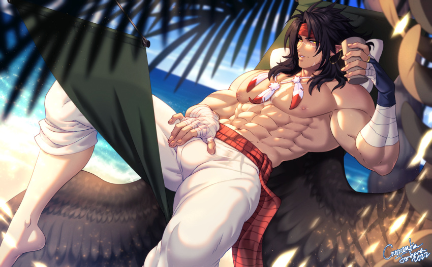1boy abs artist_request bandages bara beach black_hair brown_wings bulge come_hither crotch_grab feather_necklace feathered_wings fire_emblem fire_emblem:_radiant_dawn foot_out_of_frame from_side headband jewelry large_pectorals looking_at_viewer male_focus muscular muscular_male navel necklace nipples pectorals pointy_ears scar seductive_smile smile solo stomach thick_eyebrows thick_thighs thighs tibarn_(fire_emblem) topless_male wings yellow_eyes