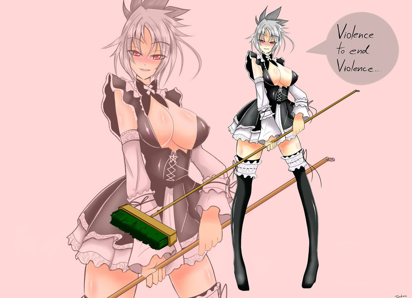 breasts broom cleavage detached_sleeves english frills large_breasts league_of_legends maid riven_(league_of_legends) short_hair thighhighs torahime_(roland00) white_hair