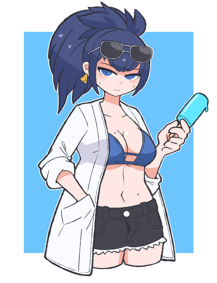 1girl black_shorts blue_eyes blue_hair bra breasts chibi earrings eyewear_on_head food hands_in_pockets highres holding holding_food holding_popsicle jacket jewelry leona_heidern mini_person navel oscar_get ponytail popsicle shorts solo summer sunglasses swimsuit the_king_of_fighters triangle_earrings underwear