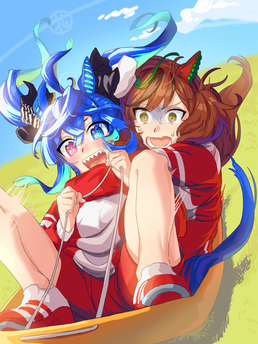 2girls ahoge animal_ears blue_eyes blue_hair blue_sky cloud cloudy_sky commentary_request ear_covers gloom_(expression) grass hair_between_eyes heterochromia highres holding horse_ears horse_girl horse_tail horseshoe hug hug_from_behind jacket long_hair multicolored_hair multiple_girls nice_nature_(umamusume) omotil open_mouth outdoors pink_eyes red_footwear red_hair red_shorts screaming shorts sky sled sledding smile streaked_hair sweatdrop tail track_jacket twin_turbo_(umamusume) twintails umamusume yellow_eyes