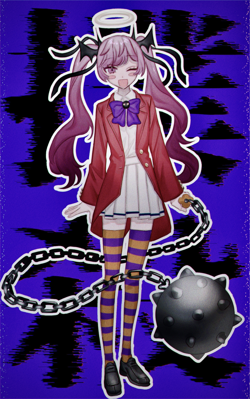 1girl absurdres arms_at_sides ball_and_chain_(weapon) bat_hair_ornament black_footwear blazer blush_stickers bokusatsu_tenshi_dokuro-chan bow bowtie collared_shirt commentary_request cosplay dress_shirt full_body hair_ornament halo highres holding_flail jacket loafers long_hair long_sleeves looking_at_viewer mahou_shoujo_minky_pinky mitsukai_dokuro mitsukai_dokuro_(cosplay) napoli_no_otokotachi one_eye_closed open_clothes open_jacket open_mouth orange_thighhighs outline pleated_skirt purple_background purple_bow purple_bowtie purple_eyes purple_hair purple_thighhighs red_jacket shirt shirt_tucked_in shoes skirt smile solo spiked_ball_and_chain standing striped striped_thighhighs text_background thighhighs twintails white_outline white_shirt white_skirt za_(sametapizza_)