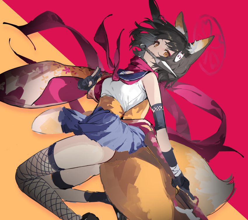 1girl absurdres animal_ear_fluff animal_ears black_gloves black_hair blue_archive blue_skirt brown_eyes eyelashes feet_out_of_frame fighting_stance fishnet_thighhighs fishnets floating_clothes floating_hair floral_print fox_ears fox_girl fox_mask fox_tail from_side gloves halo highres izuna_(blue_archive) kuji-in kunai looking_at_viewer mask mask_on_head miniskirt neckerchief ninja pink_halo pink_neckerchief red_background red_scarf scarf school_uniform serafuku shirt shisantian simple_background single_thighhigh skirt sleeveless sleeveless_shirt solo tail thighhighs thighs two-tone_background weapon weapon_in_mouth white_shirt yellow_background