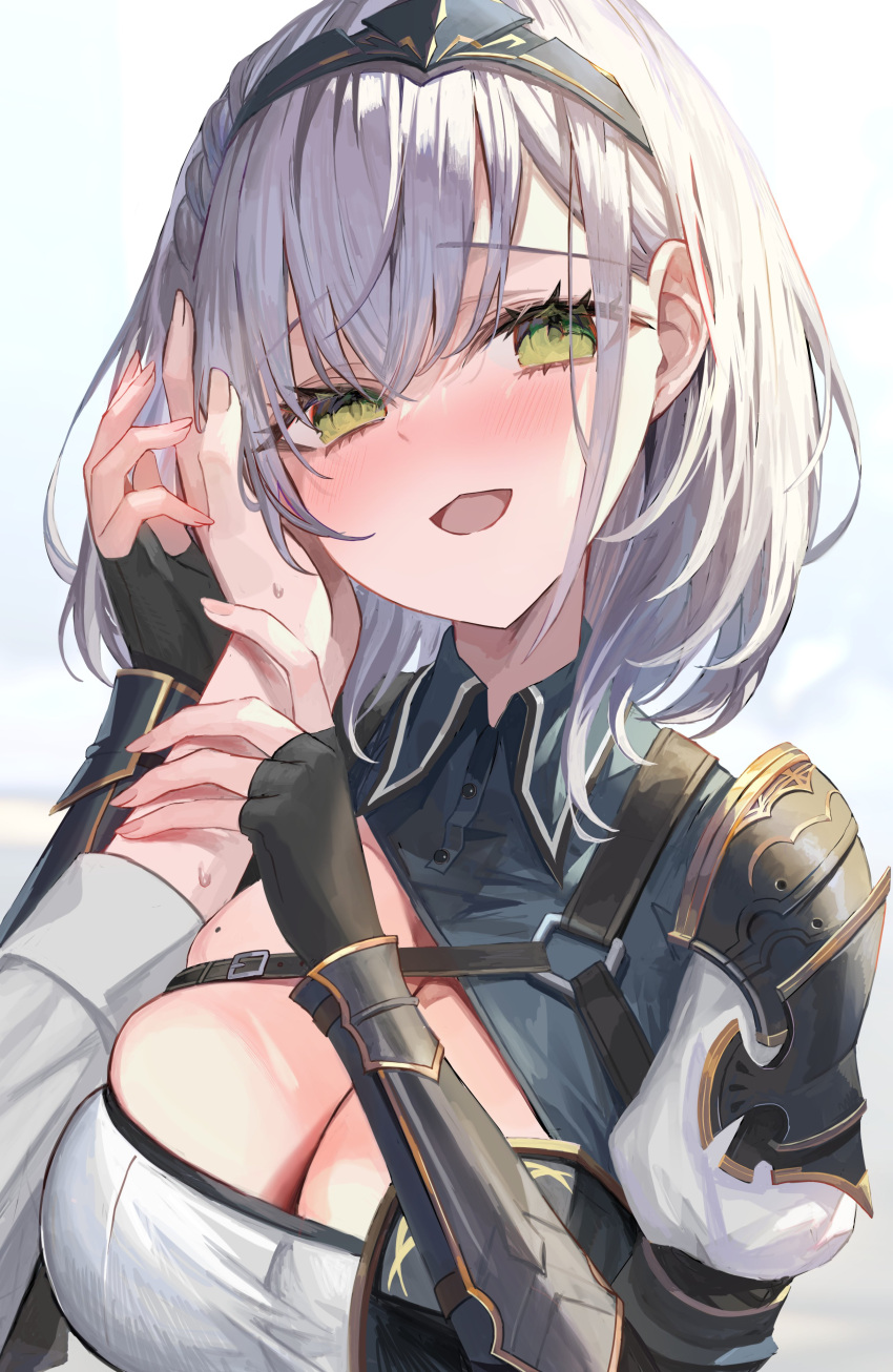1boy 1girl absurdres blush braid breasts cleavage green_eyes grey_hair guiding_hand hair_between_eyes hand_on_another's_cheek hand_on_another's_face hetero highres holding_hands hololive large_breasts looking_at_viewer mole mole_on_breast nervous_sweating open_mouth out_of_frame pov pov_hands rum_raisin_(chihiromakita19) shirogane_noel shirogane_noel_(1st_costume) short_hair smile solo_focus sweat sweatdrop virtual_youtuber
