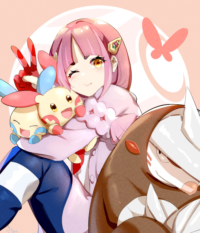 1girl ;t arched_bangs blue_pants blush buttons cardigan closed_mouth commentary_request excadrill eyelashes gloves highres holding holding_pokemon lacey_(pokemon) looking_at_viewer minun pants partially_fingerless_gloves plusle pokemon pokemon_(creature) pokemon_sv purple_hair red_gloves sitting v yellow_eyes yyxw5385