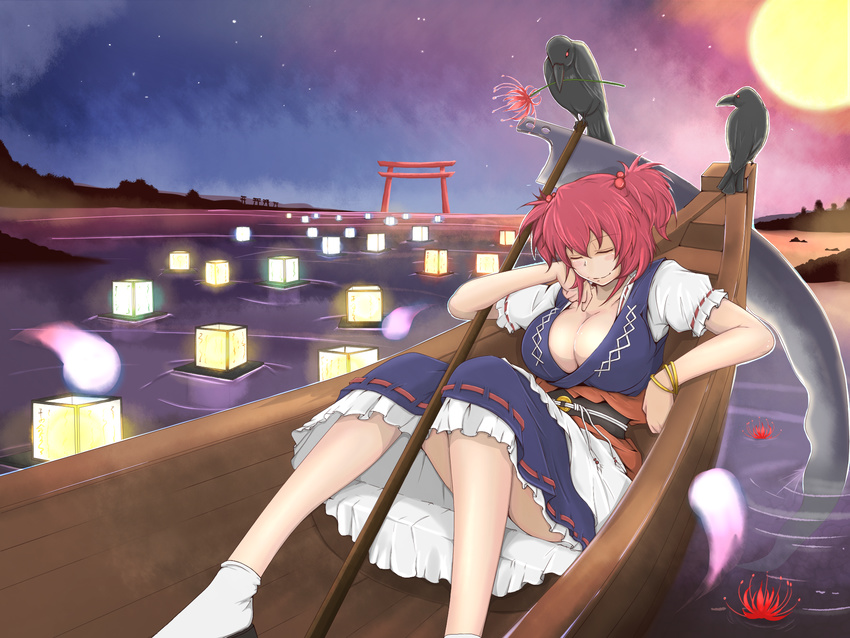 afloat_lantern bird boat breasts cleavage cube85 flower hair_bobbles hair_ornament highres lantern large_breasts obon onozuka_komachi raven_(animal) red_hair river sanzu_river scythe short_hair sitting smile solo spider_lily star_(sky) torii touhou twilight two_side_up watercraft