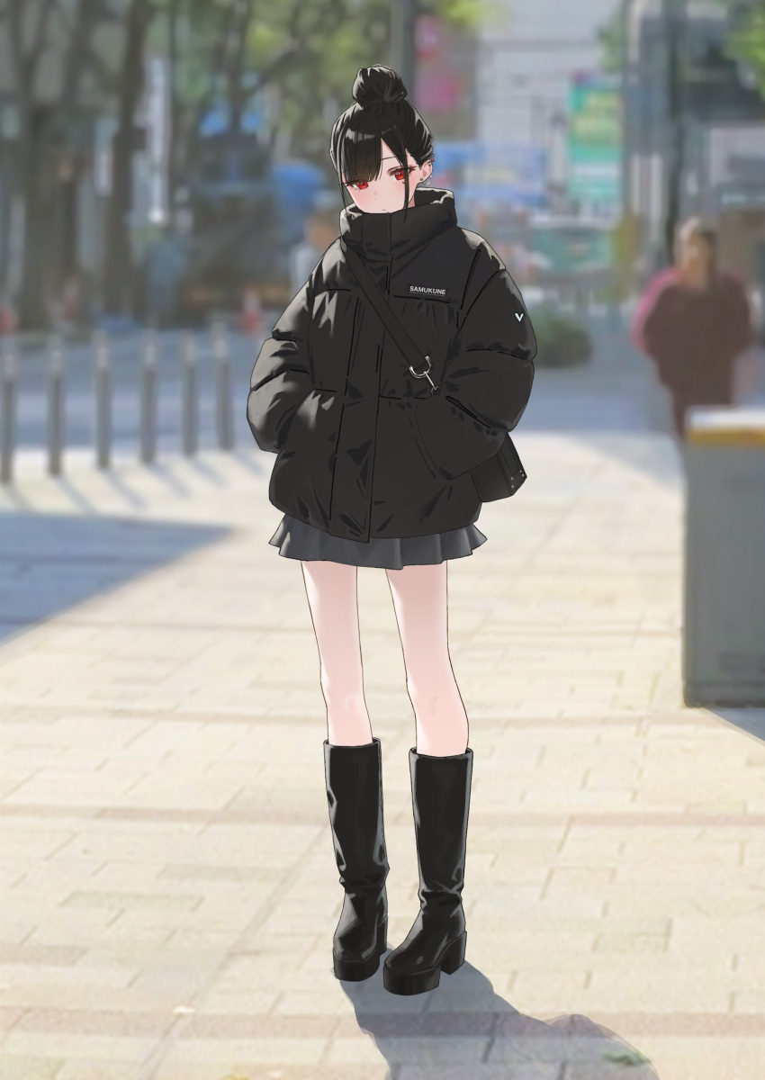 1girl 1other absurdres bag black_bag black_footwear black_hair black_jacket blurry blurry_background boots brick_floor casual closed_mouth coat commentary_request crosswalk ear_piercing earrings enokawa_kokoro grey_skirt hair_bun hand_in_pocket hara_kenshi highres jacket jewelry knee_boots looking_at_viewer miniskirt mole mole_under_mouth original outdoors parted_bangs piercing red_eyes shoulder_bag single_hair_bun skirt solo solo_focus stud_earrings turtleneck turtleneck_jacket winter_clothes winter_coat