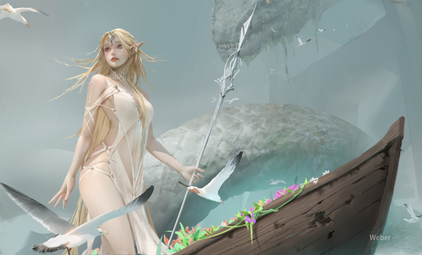 1girl absurdres animal bird blonde_hair boat circlet dress elf flower giant_snake highres holding holding_staff long_hair looking_afar mage_staff original oversized_animal parted_lips pointy_ears seagull staff very_long_hair watercraft weber white_dress