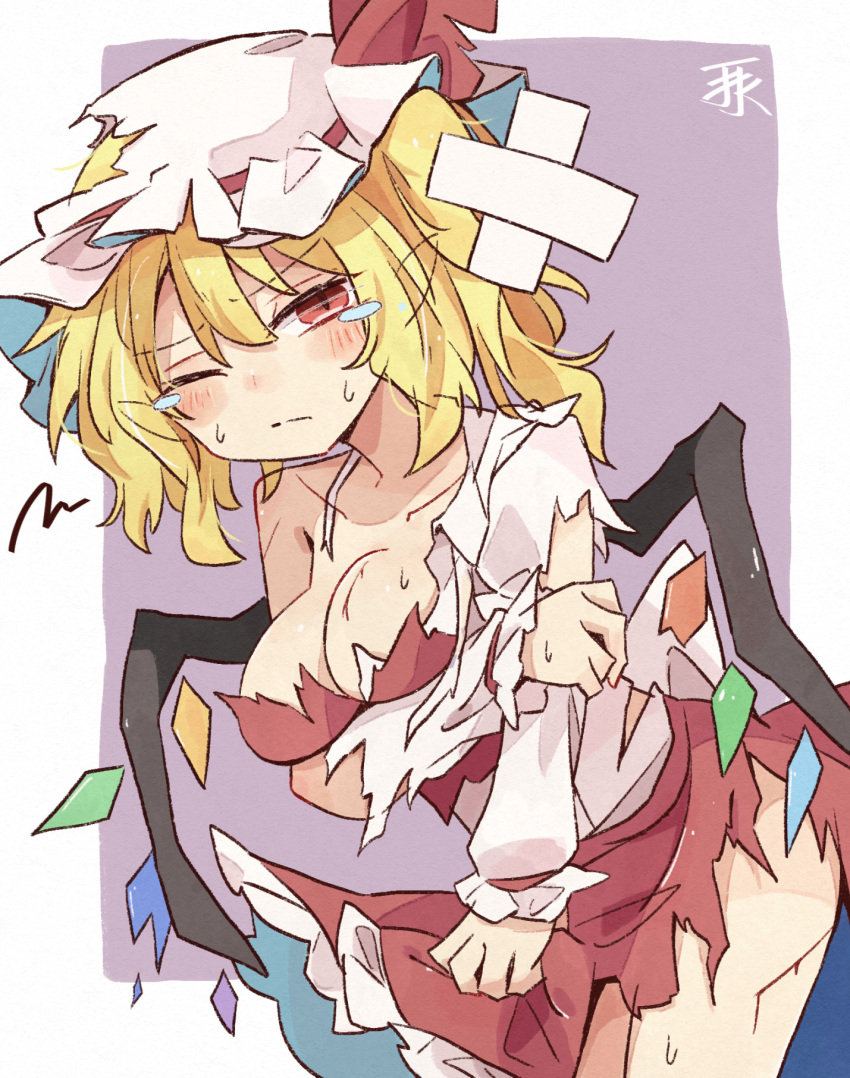 alternate_breast_size blonde_hair blush breasts closed_mouth collarbone commentary_request cowboy_shot crystal crystal_wings dress flandre_scarlet hat highres long_sleeves looking_at_viewer medium_breasts minoru_minoru mob_cap one_eye_closed one_side_up puffy_long_sleeves puffy_sleeves red_dress red_eyes ribbon-trimmed_headwear ribbon_trim short_hair slit_pupils torn_clothes touhou white_headwear wings