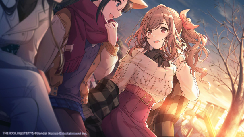 3girls baseball_cap black_hair blue_eyes blue_skirt brown_eyes brown_hair dutch_angle glasses hat high-waist_skirt highres idolmaster idolmaster_shiny_colors idolmaster_shiny_colors_song_for_prism jacket long_hair miniskirt mitsumine_yuika multiple_girls off-shoulder_sweater off_shoulder official_art open_mouth outdoors pantyhose ponytail red_skirt scarf skirt sweater sweater_vest tsukioka_kogane twilight