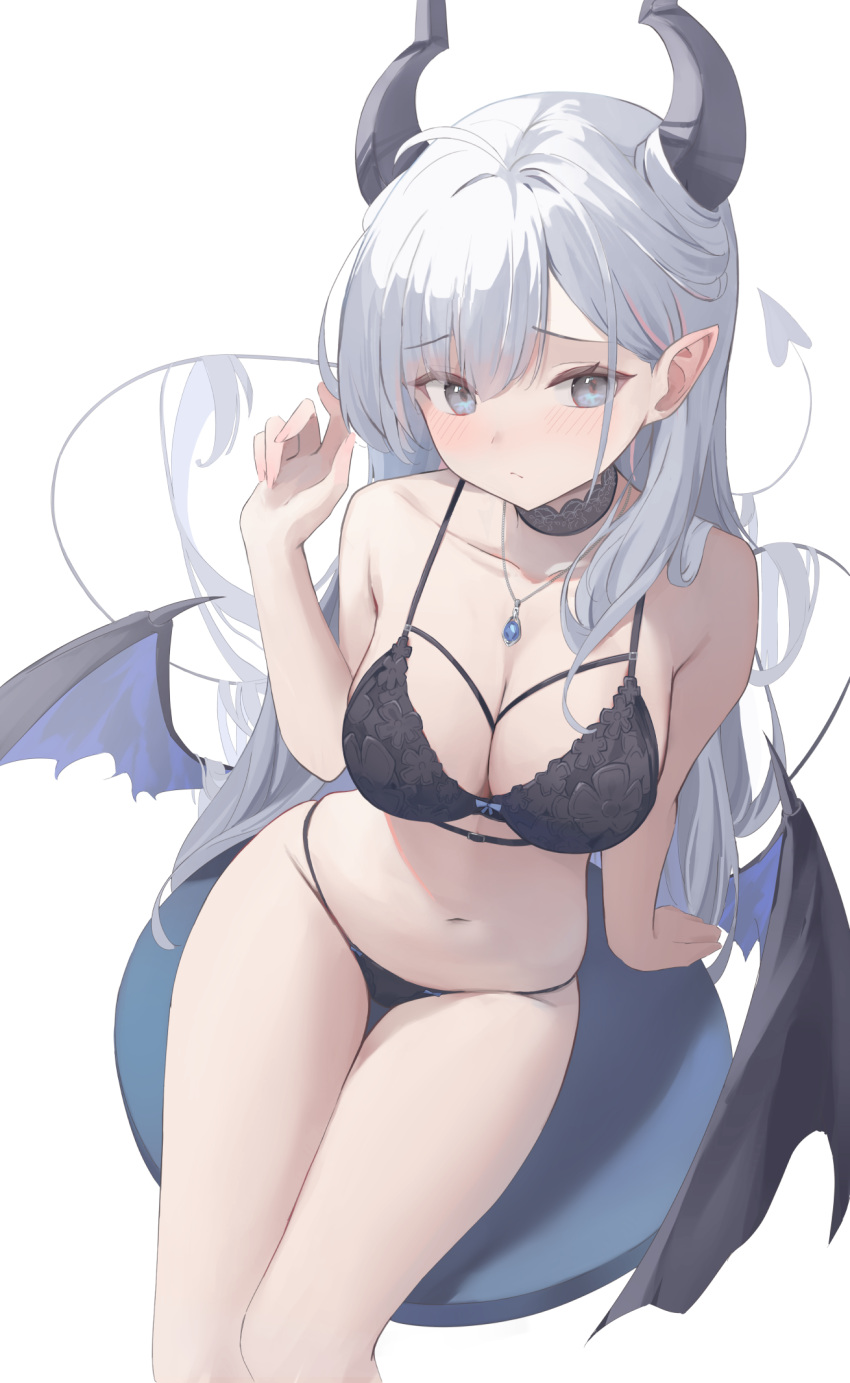 1girl ahoge arm_support armpit_crease bare_arms bare_shoulders black_bra black_choker black_horns black_panties black_wings blue_eyes blush borrowed_character bra breasts choker cleavage closed_mouth commentary demon_girl demon_horns demon_tail demon_wings english_commentary feet_out_of_frame furrowed_brow grey_hair hair_on_horn hair_over_shoulder hand_up highres horns jewelry lace-trimmed_choker lace_trim large_breasts long_hair looking_to_the_side low_wings navel necklace original panties plo1154 pointy_ears shadow simple_background sitting solo stomach string_panties tail thea_(nekojira) thigh_gap thighs underwear underwear_only very_long_hair white_background wings