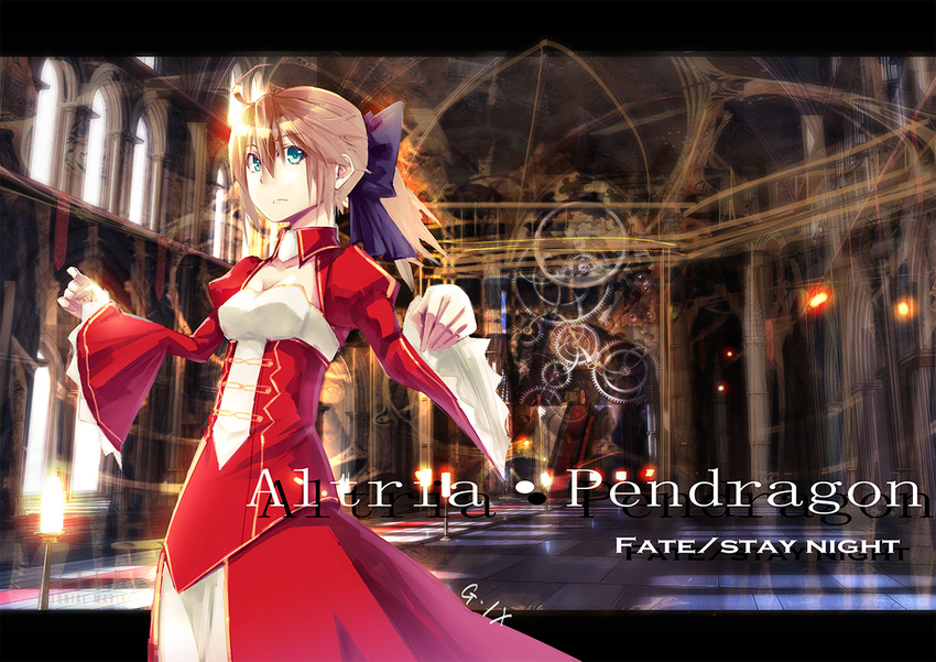 artoria_pendragon_(all) bad_id bad_pixiv_id bow cosplay dress epaulettes fate/extra fate_(series) genesisix hair_bow leotard look-alike nero_claudius_(fate) nero_claudius_(fate)_(all) nero_claudius_(fate)_(cosplay) ponytail red_dress saber solo