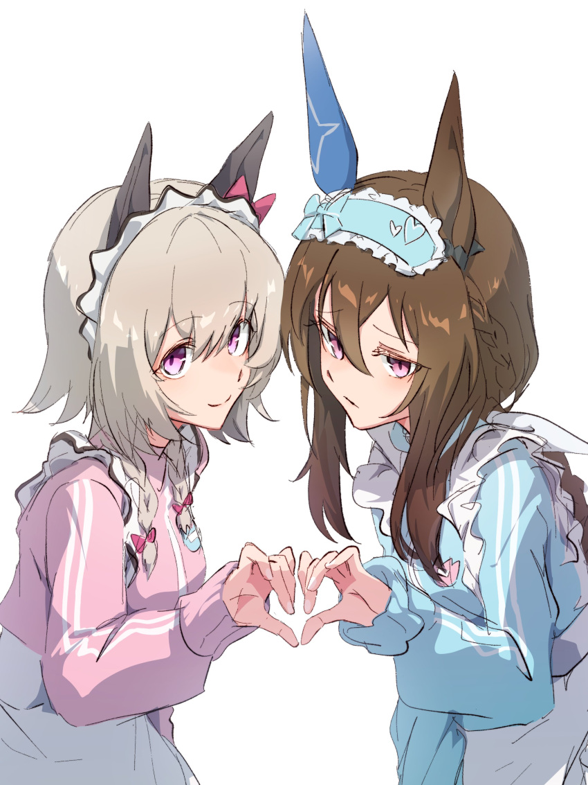 2girls absurdres admire_vega_(umamusume) animal_ears apron blue_jacket braid brown_hair closed_mouth curren_chan_(umamusume) ear_covers frilled_hairband frills frown grey_hair hairband hands_up heart heart_hands heart_hands_duo highres horse_ears jacket jersey_maid long_hair long_sleeves looking_at_viewer maid maid_apron maid_headdress multiple_girls pink_eyes pink_jacket raised_eyebrows simple_background smile track_jacket twin_braids umamusume unconventional_maid upper_body watou white_background