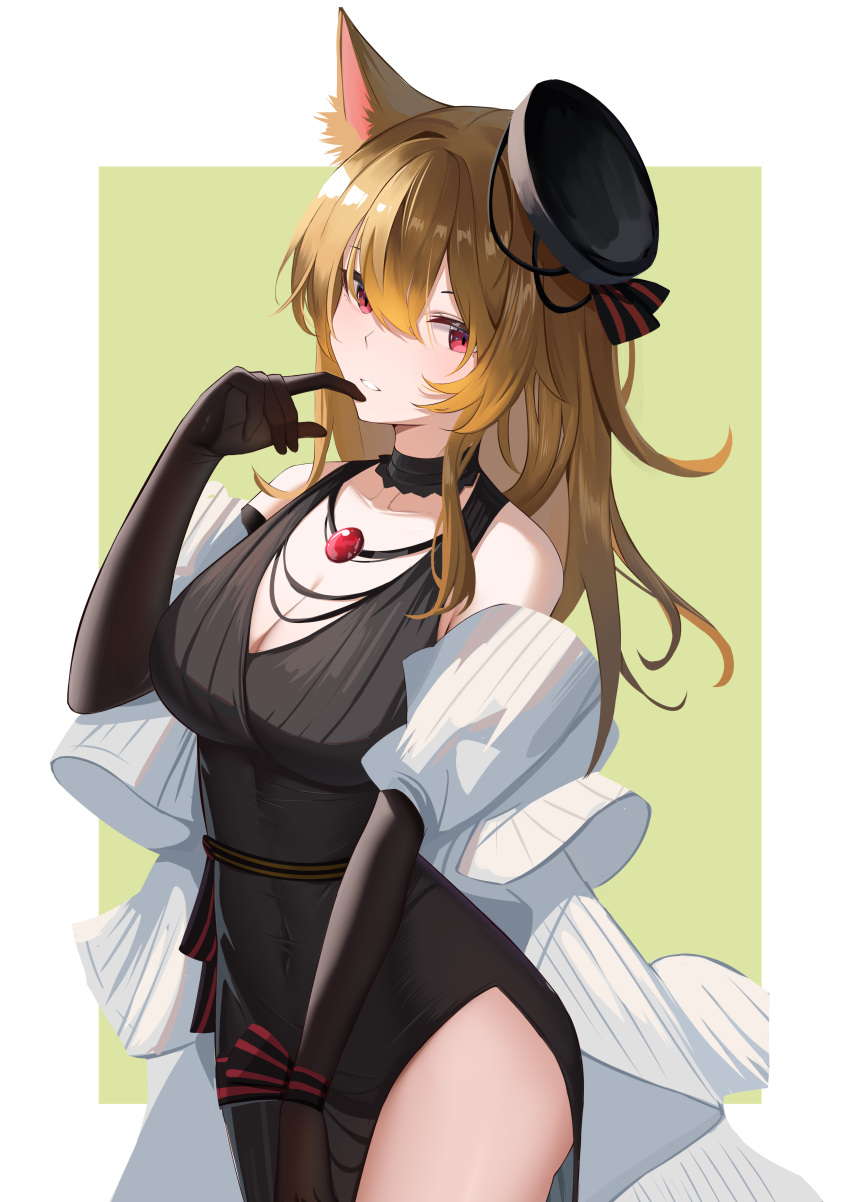 1girl absurdres animal_ear_fluff animal_ears arknights bare_shoulders black_dress blonde_hair breasts cleavage dress gloves hair_between_eyes hair_ornament highres lahz52 long_hair looking_at_viewer official_alternate_costume open_mouth red_eyes solo sora_(arknights) sora_(melodiosa)_(arknights) wolf_ears wolf_girl