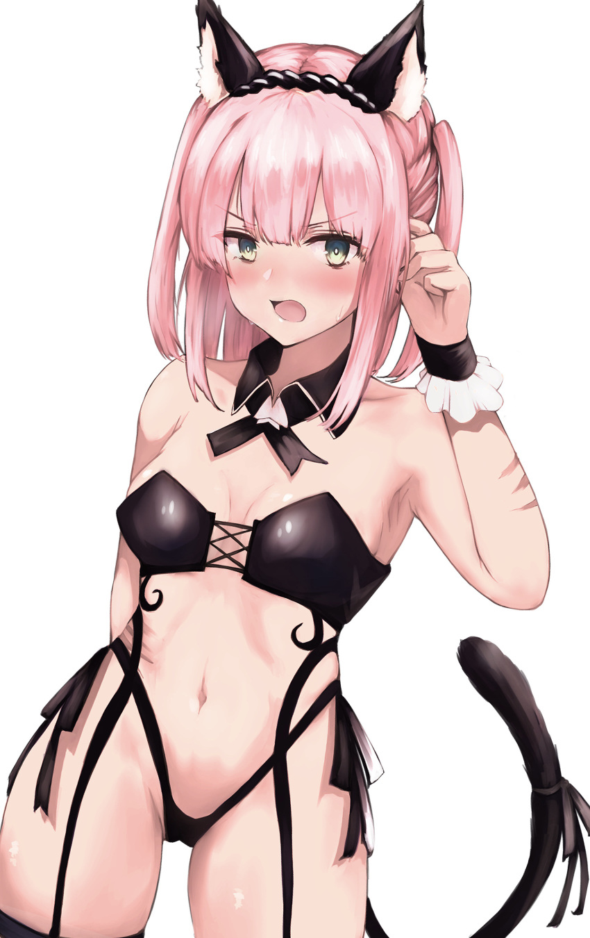 1girl absurdres alternate_costume animal_ear_fluff animal_ears arm_behind_back black_panties black_ribbon black_wrist_cuffs blunt_bangs blush bowchan breasts breasts_apart bright_pupils cameltoe cat_ears cat_tail center-flap_bangs chiyoda_momo commentary cowboy_shot curvy detached_collar embarrassed fake_animal_ears frilled_cuffs frown garter_straps green_eyes groin hand_up highleg highleg_panties highres looking_at_viewer machikado_mazoku medium_breasts medium_hair midriff navel nose_blush open_mouth panties pink_hair ribbon scar scar_on_arm scar_on_stomach sidelocks simple_background solo standing stomach straight_hair sweatdrop tail tail_ornament tail_raised tail_ribbon thighs two_side_up underwear v-shaped_eyebrows white_background white_pupils wrist_cuffs