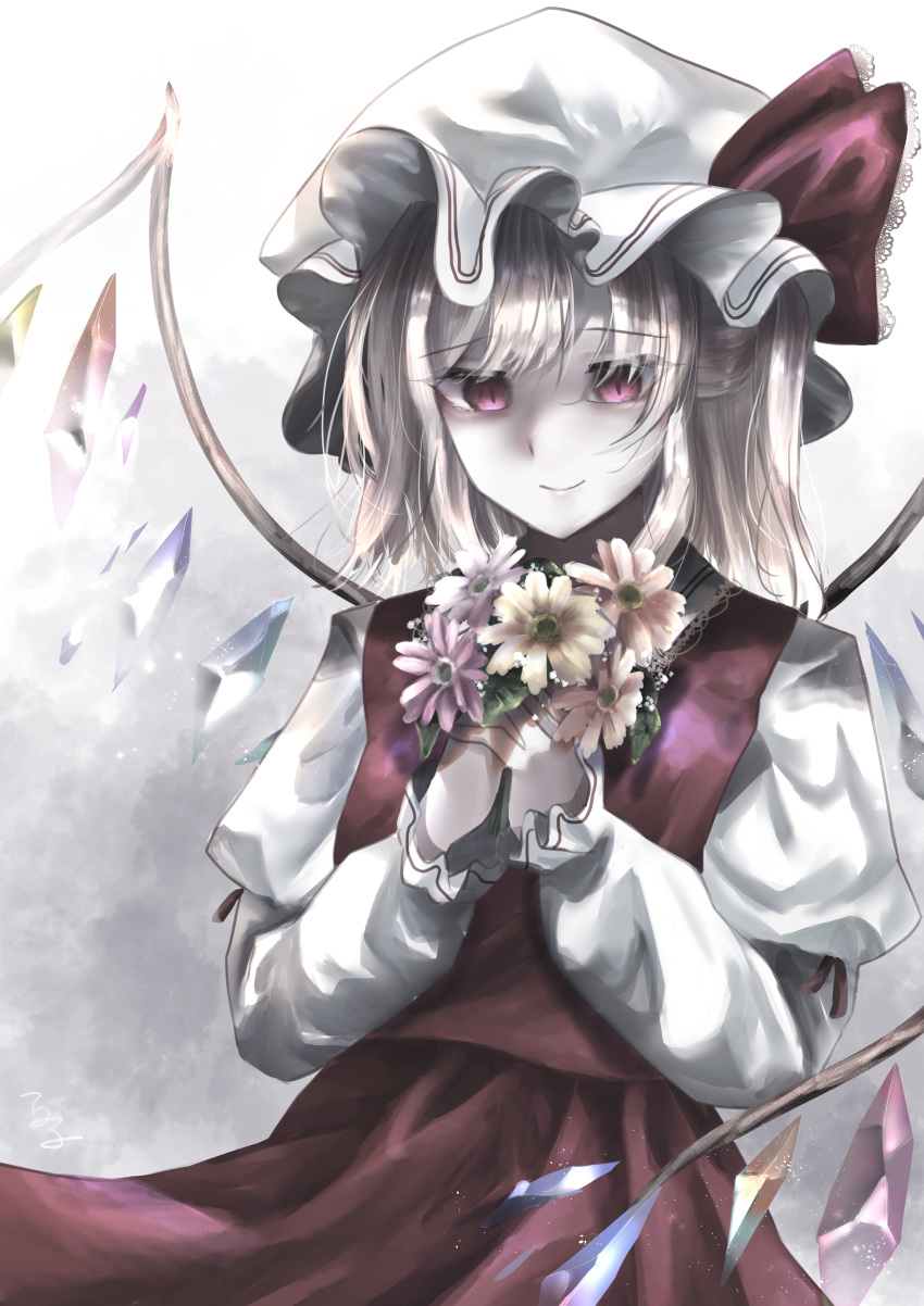 1girl absurdres blonde_hair crystal_wings flandre_scarlet flower hat hat_ribbon highres holding holding_flower long_sleeves mob_cap red_eyes red_ribbon red_skirt red_vest ribbon shirt skirt skirt_set solo t_terano touhou vest white_headwear white_shirt