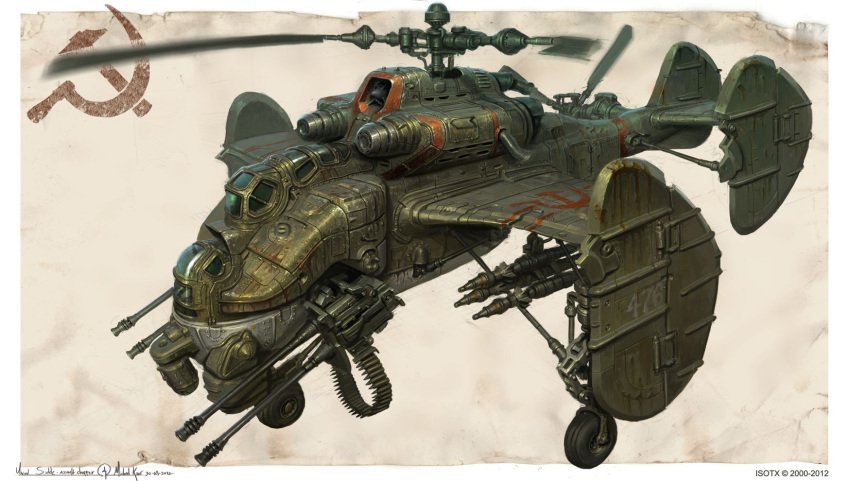 aircraft autocannon cannon fictional_aircraft flying hammer_and_sickle helicopter highres michal_kus missile_pod no_humans original rocket rotor soviet vehicle_focus