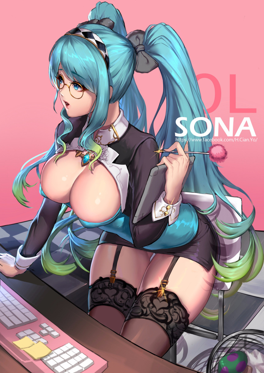 1girl absurdres aqua_hair arm_support artist_name bespectacled black_bow black_jacket black_skirt black_thighhighs blue_eyes bow breasts chair character_name checkered_floor cian_yo cleavage commentary_request cowboy_shot cropped_jacket crystal diamond_(shape) eyelashes fur_trim garter_straps glasses glint gradient_hair green_hair hair_bow hairband hand_up heart highres holding jacket keyboard_(computer) lace lace-trimmed_legwear lace_trim large_breasts league_of_legends leaning_forward lens_flare long_hair long_sleeves low_neckline mimikaki miniskirt multicolored_hair note parted_lips pencil_skirt pink_background pink_lips poison_mushroom round_eyewear shiny_skin sidelocks skirt solo sona_(league_of_legends) table tablet_pc thigh_gap thighhighs twintails very_long_hair watermark web_address