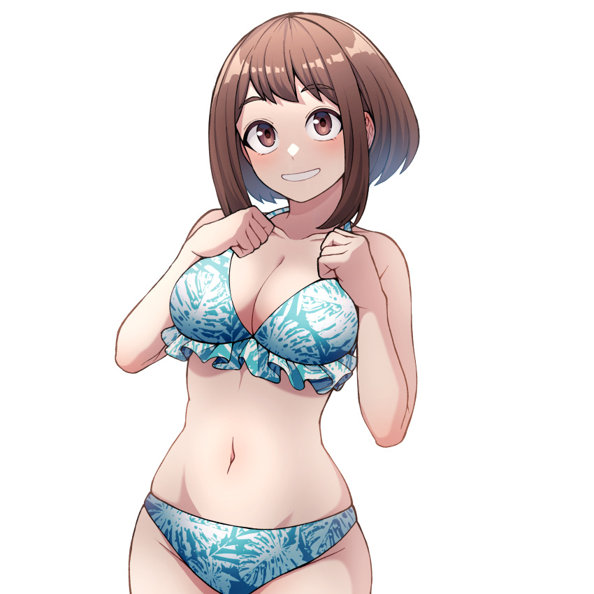 1girl absurdres bikini blue_bikini boku_no_hero_academia breasts brown_eyes brown_hair commentary_request fingernails highres kobaji looking_at_viewer medium_breasts navel print_bikini short_hair simple_background smile solo swimsuit uraraka_ochako white_background