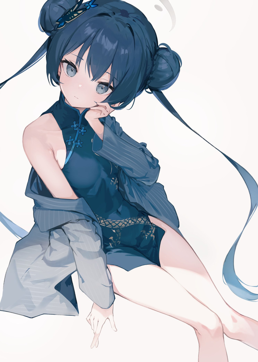 1girl black_dress black_hair blue_archive blush butterfly_hair_ornament closed_mouth coat double_bun dress feet_out_of_frame grey_coat grey_eyes grey_halo hair_bun hair_ornament halo highres kisaki_(blue_archive) kyaroru long_hair long_sleeves looking_at_viewer simple_background sleeveless sleeveless_dress solo striped striped_coat twintails vertical-striped_coat vertical_stripes white_background