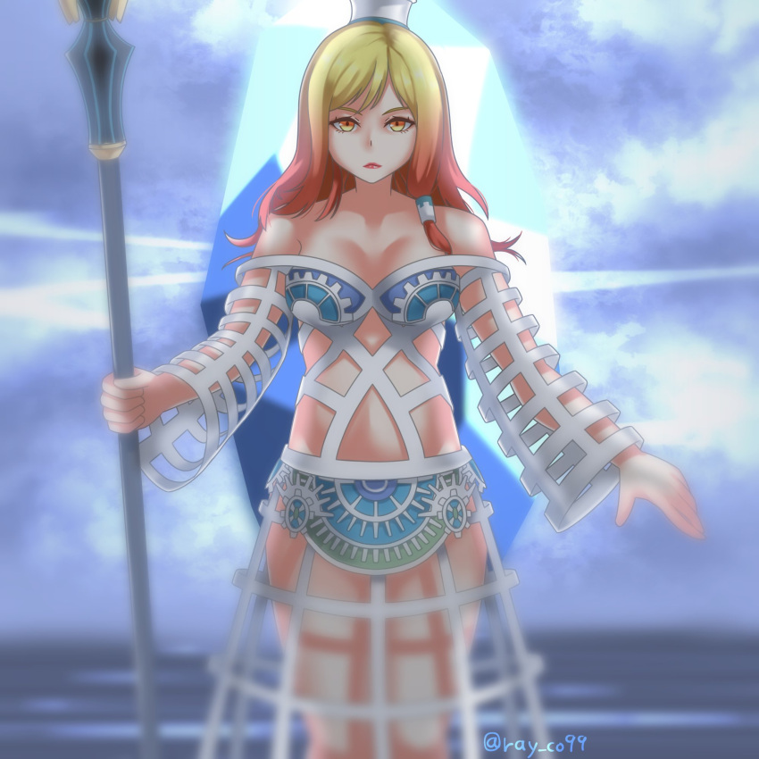 1girl bare_shoulders blonde_hair blurry breasts cleavage crystal dissidia_final_fantasy dissidia_final_fantasy_nt dissidia_final_fantasy_opera_omnia dress final_fantasy gears gradient_eyes gradient_hair hat highres holding holding_scepter large_breasts lips long_dress long_hair looking_at_viewer materia_(dissidia) multicolored_eyes multicolored_hair navel ray_co99 red_hair red_lips revealing_clothes scepter side_ponytail solo twitter_username two-tone_hair upper_body weapon white_dress