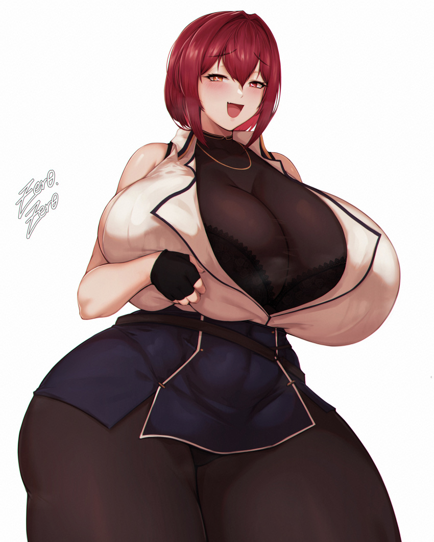 :d absurdres alternate_breast_size black_bra black_pantyhose bodystocking bra bra_peek breast_lift breasts cleavage covered_navel fang fingerless_gloves gigantic_breasts gloves heart heart-shaped_pupils heterochromia highres hololive houshou_marine houshou_marine_(businesswoman) jewelry microskirt necklace open_mouth orange_eyes pantyhose plump red_eyes red_hair see-through see-through_cleavage shirt short_hair signature simple_background skirt sleeveless sleeveless_shirt smile smug symbol-shaped_pupils thick_thighs thighs underwear virtual_youtuber white_background wide_hips zer0.zer0