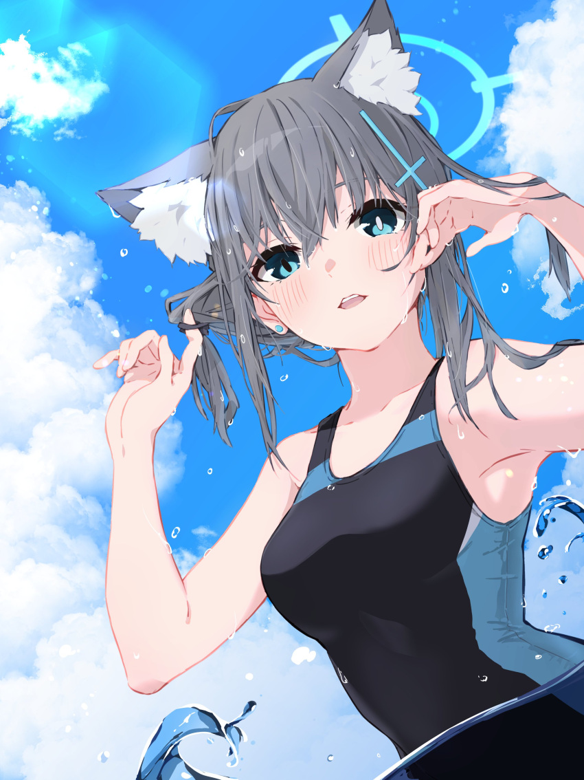 1girl absurdres animal_ear_fluff animal_ears black_one-piece_swimsuit blue_archive blue_sky blush breasts cloud commentary_request competition_swimsuit cross_hair_ornament day extra_ears grey_hair hair_ornament halo hands_up highres looking_at_viewer medium_breasts medium_hair mismatched_pupils official_alternate_costume one-piece_swimsuit outdoors partially_submerged sakenomi_akane shiroko_(blue_archive) shiroko_(swimsuit)_(blue_archive) sky solo swimsuit water water_drop wet wet_hair wolf_ears