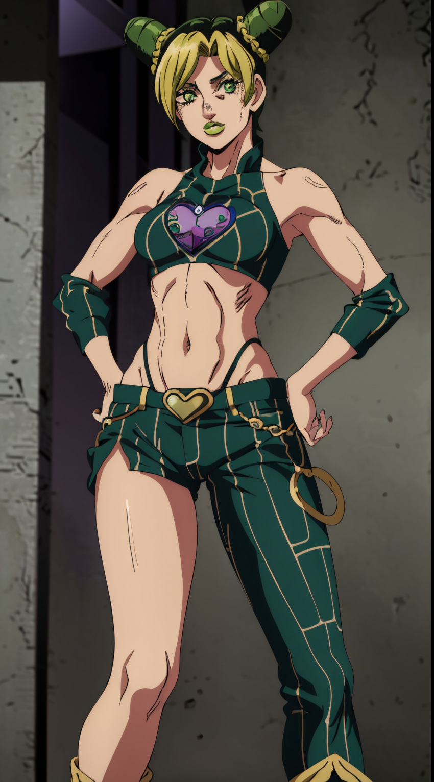 1girl ai-generated armpits highres jojo_no_kimyou_na_bouken kujo_jolyne legs long_legs muscular muscular_female solo solo_focus