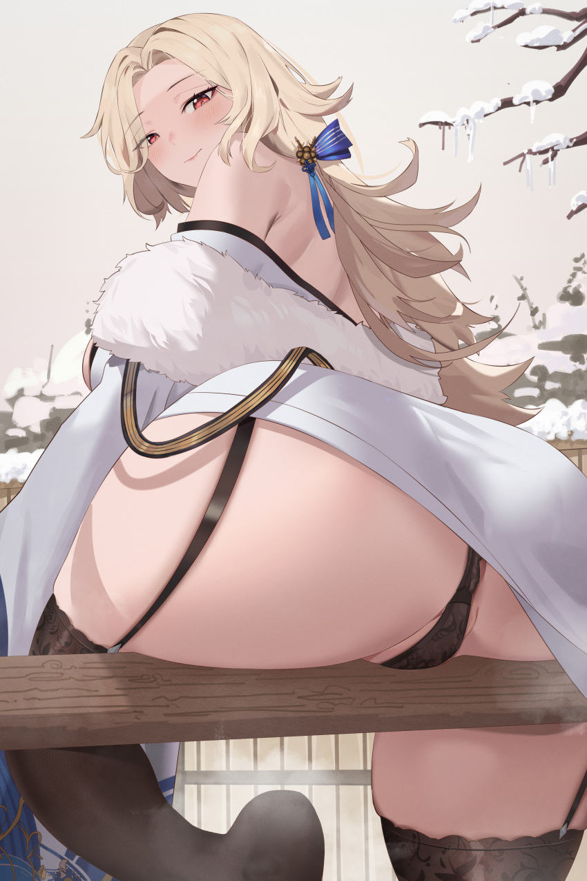 1girl absurdres ass ass_focus bare_shoulders blonde_hair blush breasts come_hither from_behind from_below garter_straps goddess_of_victory:_nikke hair_ribbon highres huge_ass large_breasts long_hair looking_at_viewer looking_back looking_down low_ponytail ludmilla_(nikke) ludmilla_(winter_owner)_(nikke) panties partially_visible_vulva ponytail pumi_puru red_eyes ribbon sideboob smile solo steam thick_thighs thighhighs thighs underwear very_long_hair