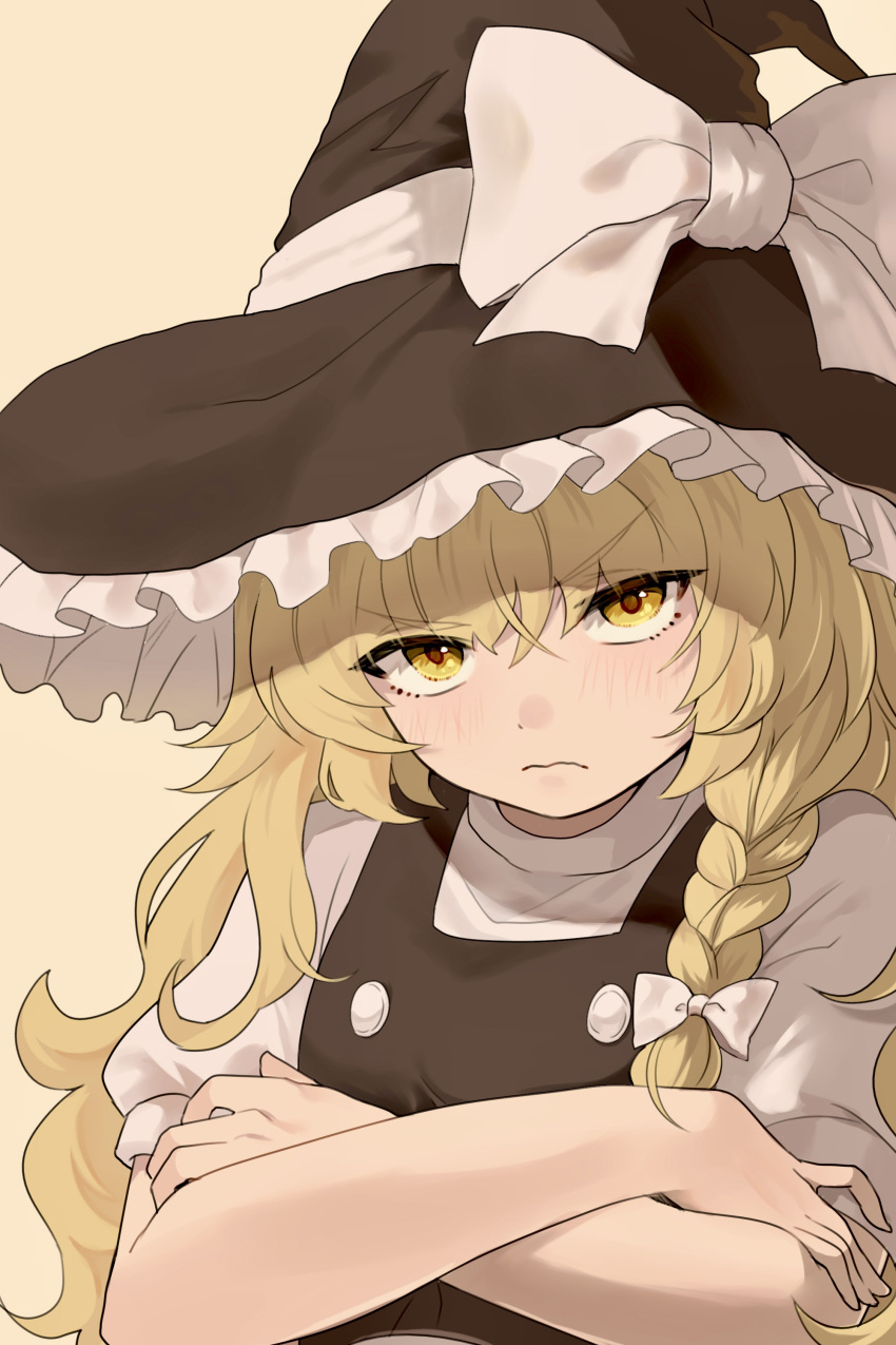 1girl absurdres black_headwear black_vest blonde_hair bow braid buttons crossed_arms frown hair_bow hat hat_bow highres kirisame_marisa long_hair looking_at_viewer puffy_short_sleeves puffy_sleeves shirt short_sleeves simple_background single_braid solo touhou vest white_bow white_shirt witch_hat xantam0129 yellow_eyes