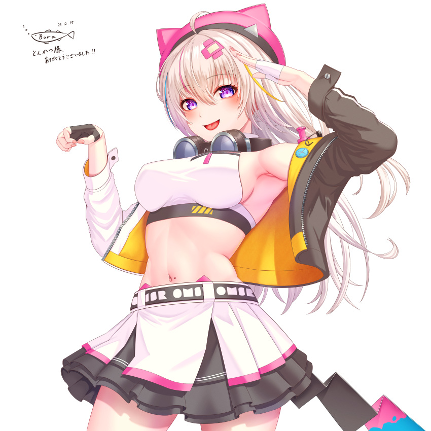 1girl absurdres ahoge animal_ear_headwear aogiri_koukou armpits artist_logo bandaid bandaid_hair_ornament beret black_gloves blonde_hair blue_hair bora_(karasumin0) breasts crop_top dated fingerless_gloves gloves hair_between_eyes hair_ornament hat headphones headphones_around_neck highres jacket multicolored_clothes multicolored_hair multicolored_jacket multicolored_skirt navel ooshiro_mashiro open_clothes open_jacket open_mouth pink_hair pink_headwear pleated_skirt purple_eyes salute skirt solo split-color_clothes stomach streaked_hair tongue two-tone_gloves virtual_youtuber white_gloves zipper