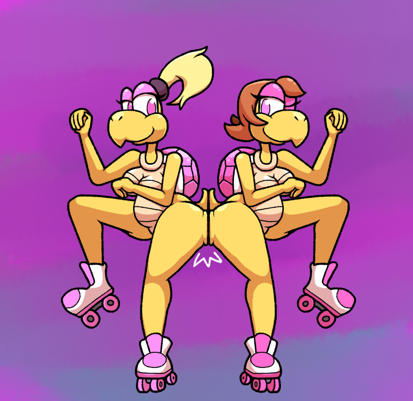 anthro blonde_hair breasts brown_hair butt_bump chabble duo eyelashes eyeshadow female hair hi_res koopa koopa_troopa makeup mario_bros nintendo one_eye_closed pink_eyes pink_eyeshadow pink_shell ponytail purple_background rolla_koopa roller_skates scales scalie shell simple_background slightly_chubby smile super_mario_bros_wonder thick_thighs wide_hips wink yellow_body yellow_scales