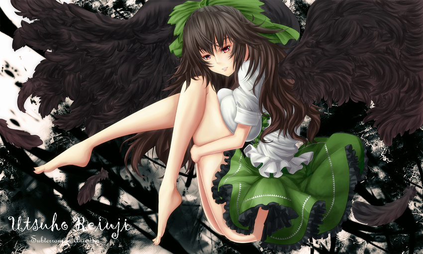 barefoot black_hair black_wings feathered_wings feathers hair_ribbon highres holding_legs long_hair red_eyes reiuji_utsuho ribbon solo touhou untsue wings