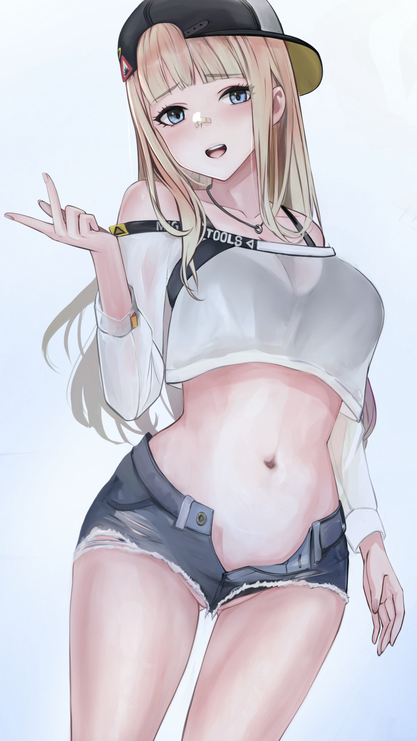 1girl 462vvv absurdres backwards_hat bag bandaid bandaid_on_face bandaid_on_nose baseball_cap blonde_hair blunt_bangs breasts centi_(nikke) centi_(supreme_holiday)_(nikke) cleavage clothing_cutout crop_top denim denim_shorts goddess_of_victory:_nikke hat highres hime_cut jewelry long_hair looking_at_viewer navel necklace open_mouth satchel shorts shoulder_cutout smile solo standing straight_hair