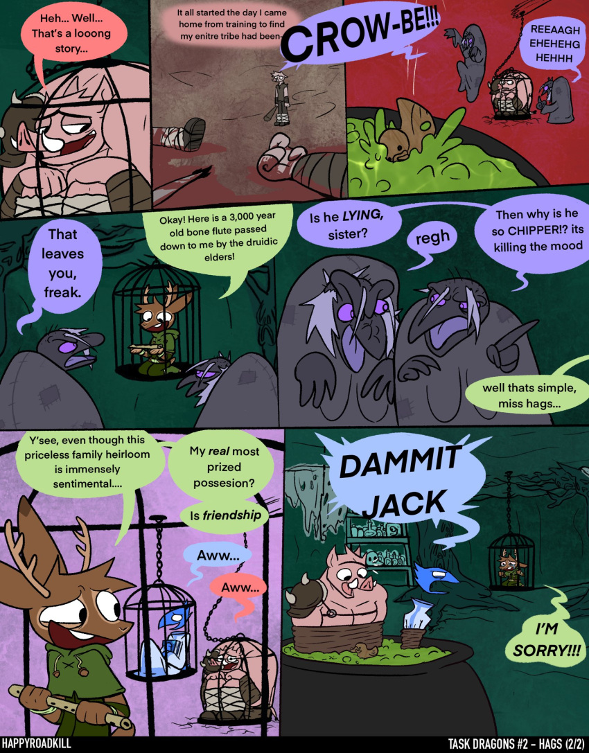 7_panel_comic anthro antlers avian barbarian bird bird_cage black_body black_skin blood blue_body blue_feathers bodily_fluids brown_body brown_fur cauldron clothing dialogue domestic_pig english_text feathers flute fur grey_body grey_feathers group half-closed_eyes happyroadkill harness hi_res horn humor jackalope lagomorph magic_user male mammal musical_instrument narrowed_eyes open_mouth open_smile pink_body pink_skin purple_background purple_sclera red_background robe simple_background smile speech_bubble suid suina sus_(pig) task_dragons text tusks wind_instrument witch woodwind_instrument