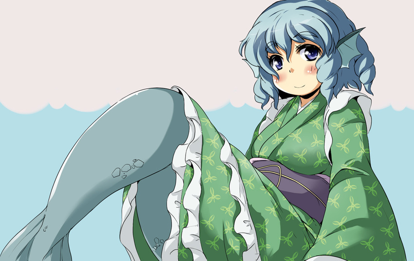 blue_eyes blue_hair blush head_fins japanese_clothes kimono long_sleeves looking_at_viewer mepikari mermaid monster_girl obi purple_eyes sash short_hair smile solo touhou wakasagihime