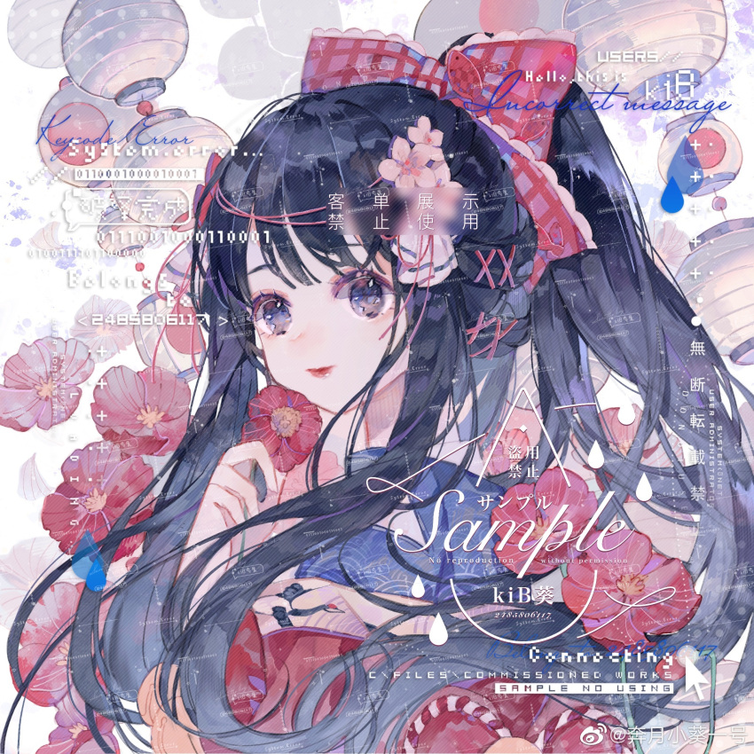 1girl benyue_xiao_kui black_eyes black_hair blue_kimono bow cherry_blossoms chinese_commentary commentary_request eyelashes flower frilled_jacket frills hair_bow hair_flower hair_ornament hair_ribbon hairclip high_ponytail highres holding holding_flower jacket jacket_partially_removed japanese_clothes kimono lace-trimmed_bow lace_trim lantern lipstick long_hair long_sleeves makeup original pansy paper_lantern parted_lips plaid plaid_bow red_bow red_flower red_jacket red_lips red_ribbon red_sleeves ribbon sample_watermark sidelocks solo straight_hair upper_body watermark weibo_logo weibo_username white_background white_flower x_hair_ornament