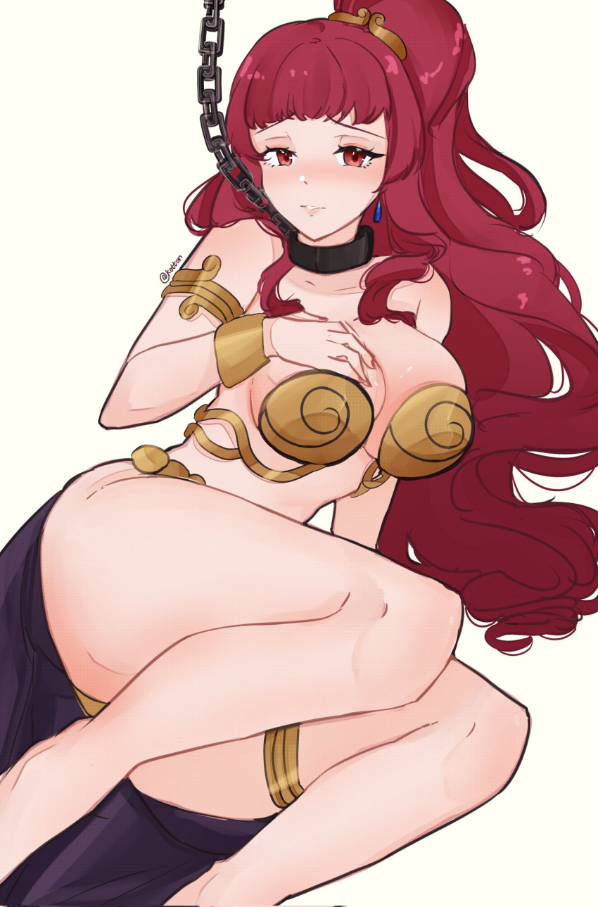 1girl armlet artist_name bare_arms bare_shoulders bracelet breasts chain chain_leash collar commission earrings fire_emblem fire_emblem_engage high_ponytail highres jewelry large_breasts leash long_hair looking_at_viewer metal_bra metal_bracelet metal_collar on_ground ponytail red_eyes red_hair serafineart1001 slave solo thighlet thighs twitter_username very_long_hair yunaka_(fire_emblem)