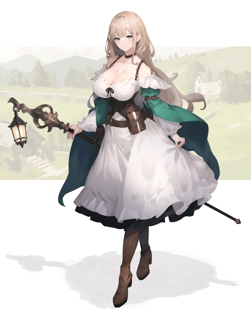 1girl absurdres baketsu belt_pouch black_choker black_ribbon blonde_hair boots breasts brown_corset brown_footwear building choker cleavage cloak collarbone corset dress green_cloak green_eyes highres hill holding holding_staff lantern large_breasts long_hair original pouch ribbon shadow skirt_hold solo staff white_dress