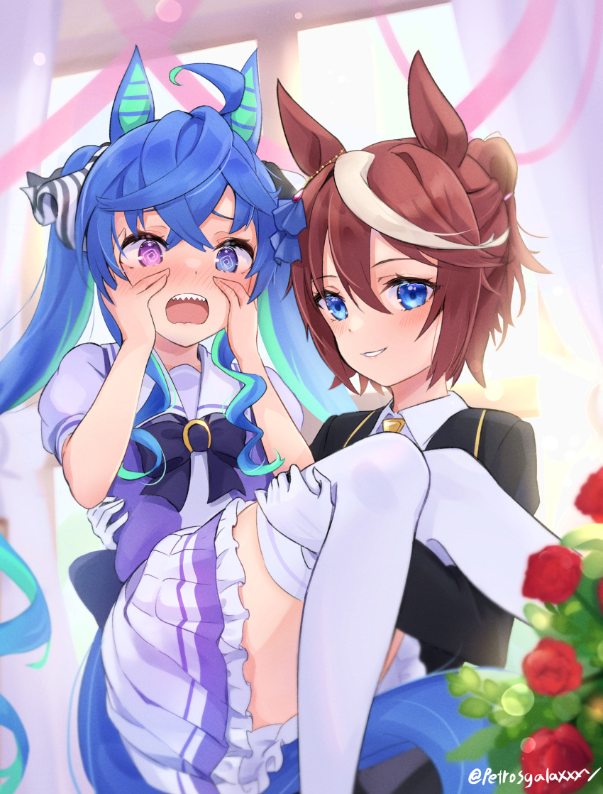 2girls @_@ absurdres ahoge animal_ears aqua_hair blue_eyes blue_hair blush bow brown_hair carrying commentary_request crossed_bangs ear_ornament embarrassed flower gloves hair_bow hands_on_own_cheeks hands_on_own_face heterochromia highres horse_ears horse_girl horse_tail indoors jacket long_hair long_sleeves medium_hair multicolored_hair multiple_girls nose_blush official_alternate_costume open_mouth parted_lips peteron petticoat pleated_skirt princess_carry puffy_short_sleeves puffy_sleeves purple_eyes purple_shirt raised_eyebrows red_flower red_rose rose sailor_collar school_uniform sharp_teeth shirt short_sleeves sidelocks skirt streaked_hair striped striped_bow suit suit_jacket tail teeth thighhighs tokai_teio_(umamusume) tokai_teio_(waltz_of_hiwing)_(umamusume) tracen_school_uniform twin_turbo_(umamusume) twintails twitter_username two-tone_hair umamusume upper_teeth_only white_gloves white_sailor_collar white_skirt white_thighhighs