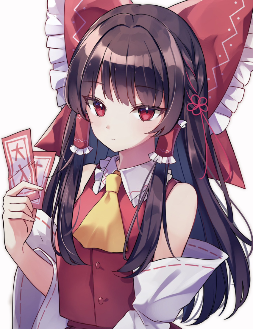 1girl ascot bare_shoulders between_fingers bow brown_hair buttons collar collared_vest commentary_request detached_sleeves expressionless frilled_bow frilled_collar frilled_hair_tubes frills hair_bow hair_tubes hakurei_reimu hamonika_monika hand_up highres holding long_sleeves looking_at_viewer medium_hair ofuda ofuda_between_fingers print_bow red_bow red_eyes red_vest sidelocks simple_background solo touhou upper_body vest white_background white_collar white_sleeves wide_sleeves yellow_ascot