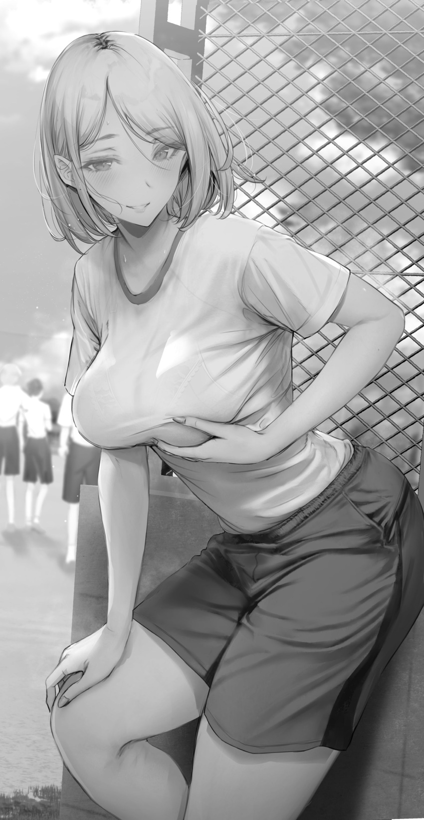 1girl absurdres blush breasts commentary_request gentsuki greyscale highres large_breasts leaning_forward looking_at_viewer monochrome original outdoors parted_lips shirt_tucked_in short_sleeves shorts smile solo_focus