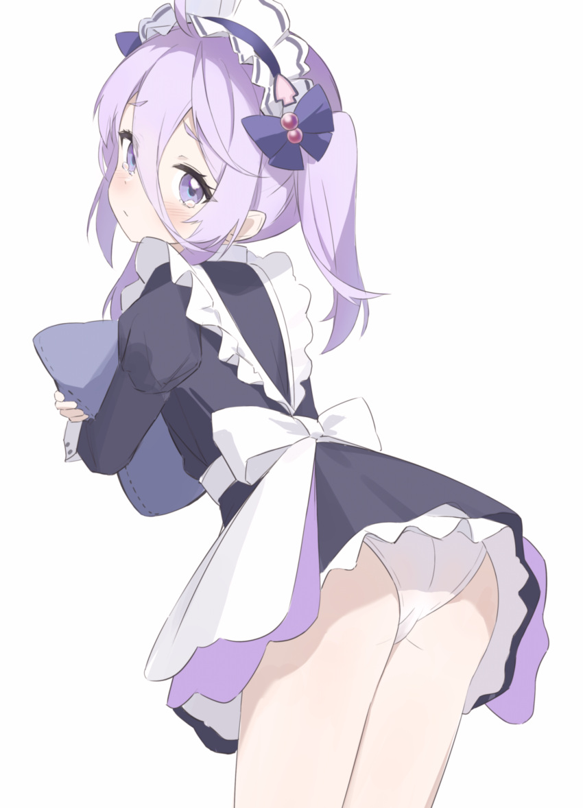 1girl absurdres ass azur_lane black_dress blush closed_mouth commentary dress flasher_(azur_lane) from_behind hair_between_eyes highres juliet_sleeves leaning_forward long_hair long_sleeves looking_at_viewer looking_back maid maid_headdress official_alternate_costume panties puffy_sleeves purple_hair shasha_(shasha159357) short_dress simple_background solo symbol-only_commentary tears twintails underwear white_background white_panties